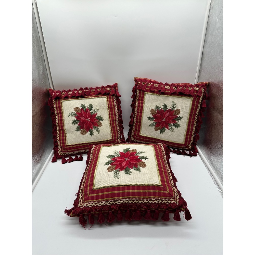 Set of 3 Christmas Poinsettia Needlepoint Throw Pillows Red Plaid Tassel Trim